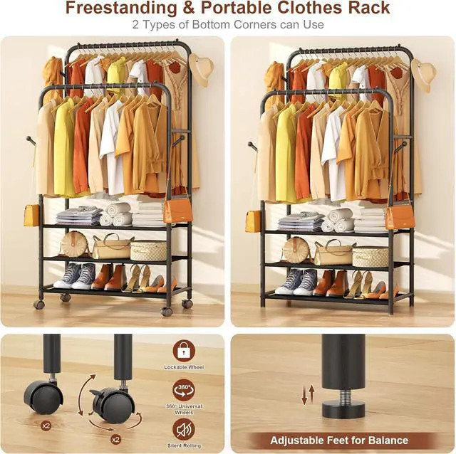 Alt view image 7 of 7 - Furologee Clothes Racks for Hanging Clothes, Portable Rolling Garment Rack, Sturdy Metal Freestanding Cloths Racks with Wheels, Double Rods Wardrobe Rack for Bedroom Laundry Living Room
