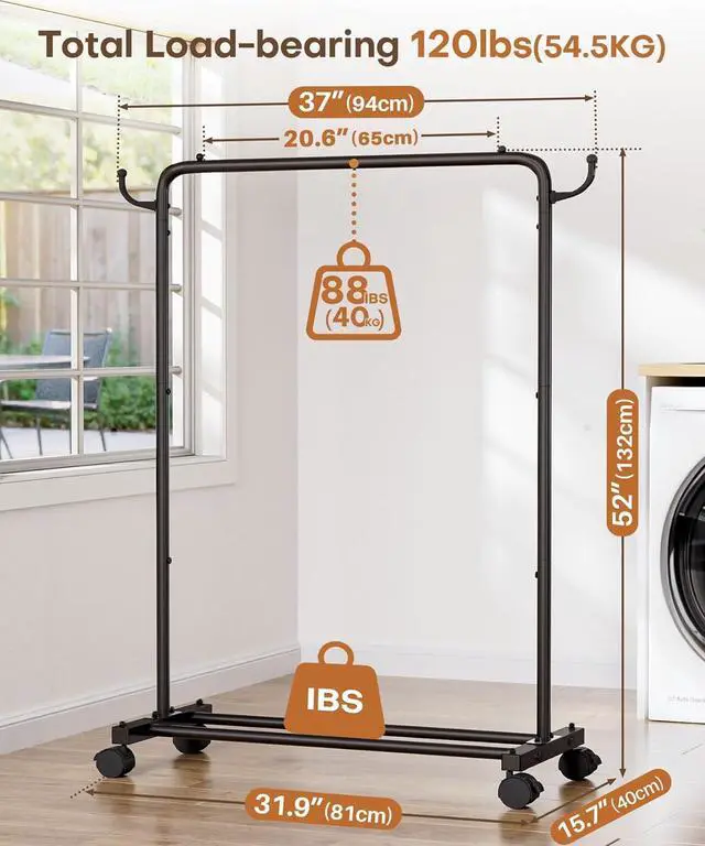 Alt view image 2 of 7 - Homde Heavy Duty Clothes Rack: 120lb Standing Garment Storage for Indoor - Rolling Hanging Rod for Bedroom Laundry Room - Coat Dress Organizer on Wheels with luggage shelf (Black32")