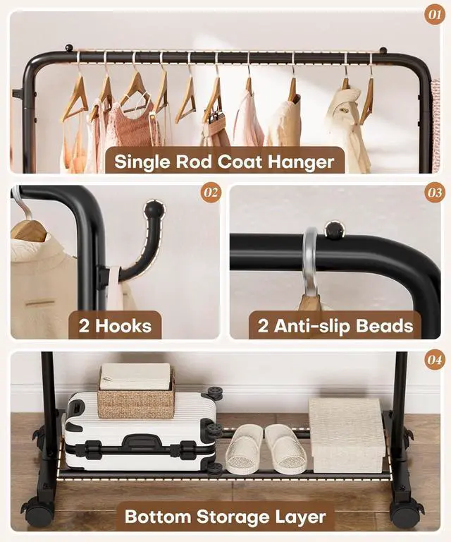 Alt view image 3 of 7 - Homde Heavy Duty Clothes Rack: 120lb Standing Garment Storage for Indoor - Rolling Hanging Rod for Bedroom Laundry Room - Coat Dress Organizer on Wheels with luggage shelf (Black32")