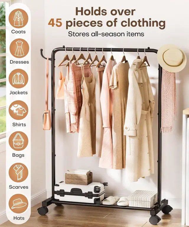 Alt view image 4 of 7 - Homde Heavy Duty Clothes Rack: 120lb Standing Garment Storage for Indoor - Rolling Hanging Rod for Bedroom Laundry Room - Coat Dress Organizer on Wheels with luggage shelf (Black32")