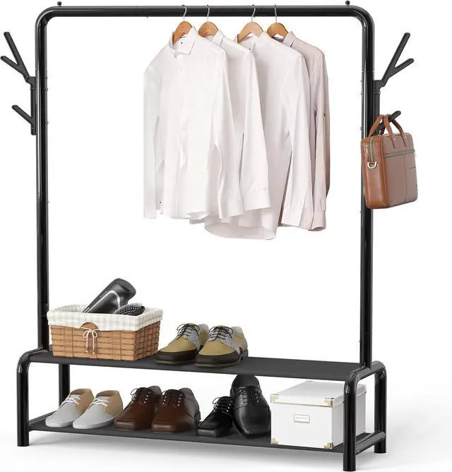 Main image of Simple Houseware 52-Inch Freestanding Closet Garment Rack with Storage Shelves and Coat/Hat Hooks, Black