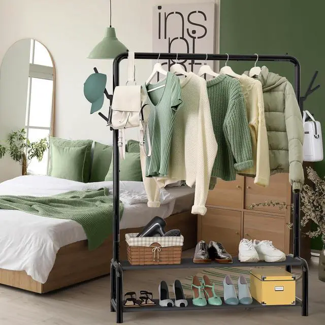 Alt view image 2 of 7 - Simple Houseware 52-Inch Freestanding Closet Garment Rack with Storage Shelves and Coat/Hat Hooks, Black