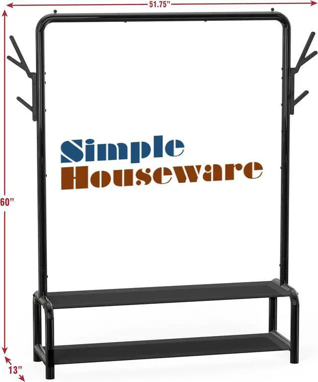 Alt view image 5 of 7 - Simple Houseware 52-Inch Freestanding Closet Garment Rack with Storage Shelves and Coat/Hat Hooks, Black
