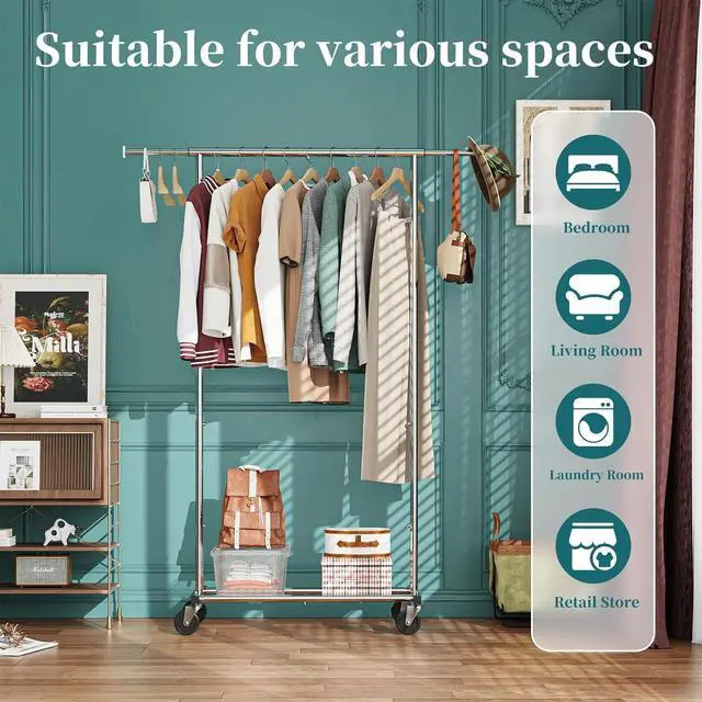 Alt view image 2 of 7 - Simple Trending Standard Rod Clothing Garment Rack, Rolling Clothes Organizer on Wheels for Hanging Clothes, Chrome