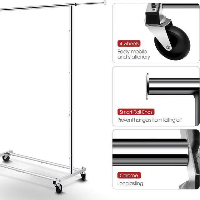 Alt view image 5 of 7 - Simple Trending Standard Rod Clothing Garment Rack, Rolling Clothes Organizer on Wheels for Hanging Clothes, Chrome