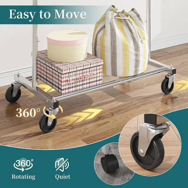 Alt view image 6 of 7 - Simple Trending Standard Rod Clothing Garment Rack, Rolling Clothes Organizer on Wheels for Hanging Clothes, Chrome