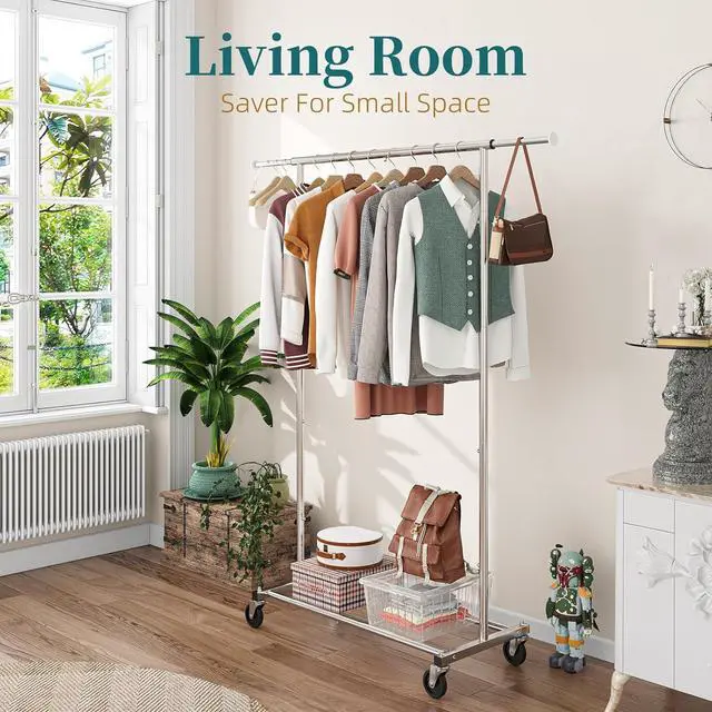 Alt view image 7 of 7 - Simple Trending Standard Rod Clothing Garment Rack, Rolling Clothes Organizer on Wheels for Hanging Clothes, Chrome