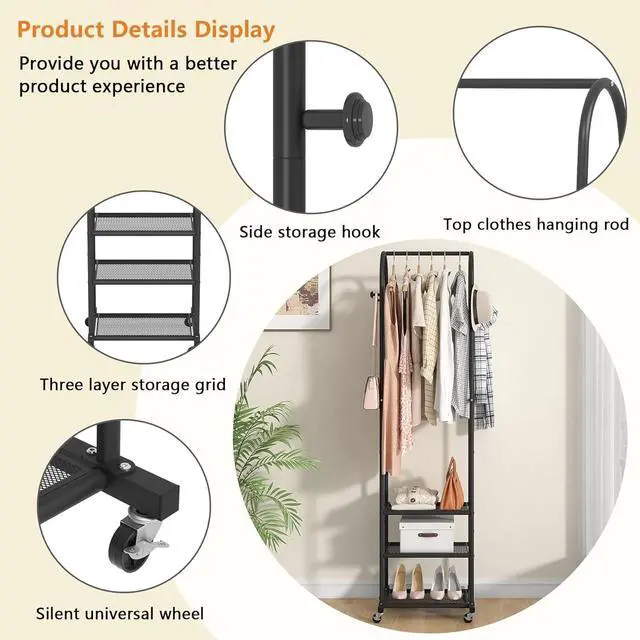 Alt view image 3 of 6 - Heavy Duty Clothing Rack with Wheels,Modern Garment Rack with 3 Metal Shelves, 71.8Inches Display Rack for Hanging Clothes, Hanging Rod for Small Space,Black