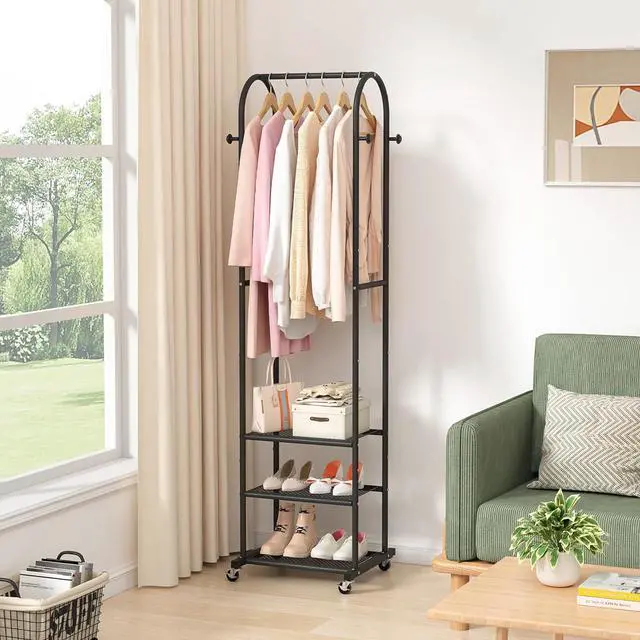 Alt view image 4 of 6 - Heavy Duty Clothing Rack with Wheels,Modern Garment Rack with 3 Metal Shelves, 71.8Inches Display Rack for Hanging Clothes, Hanging Rod for Small Space,Black
