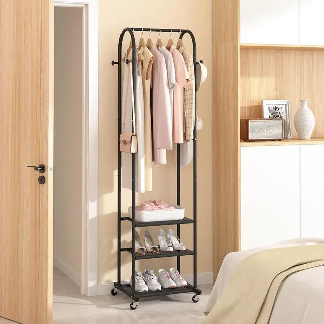 Alt view image 5 of 6 - Heavy Duty Clothing Rack with Wheels,Modern Garment Rack with 3 Metal Shelves, 71.8Inches Display Rack for Hanging Clothes, Hanging Rod for Small Space,Black