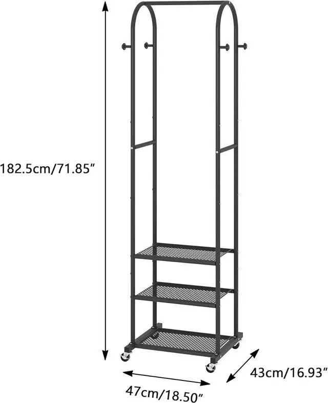 Alt view image 6 of 6 - Heavy Duty Clothing Rack with Wheels,Modern Garment Rack with 3 Metal Shelves, 71.8Inches Display Rack for Hanging Clothes, Hanging Rod for Small Space,Black