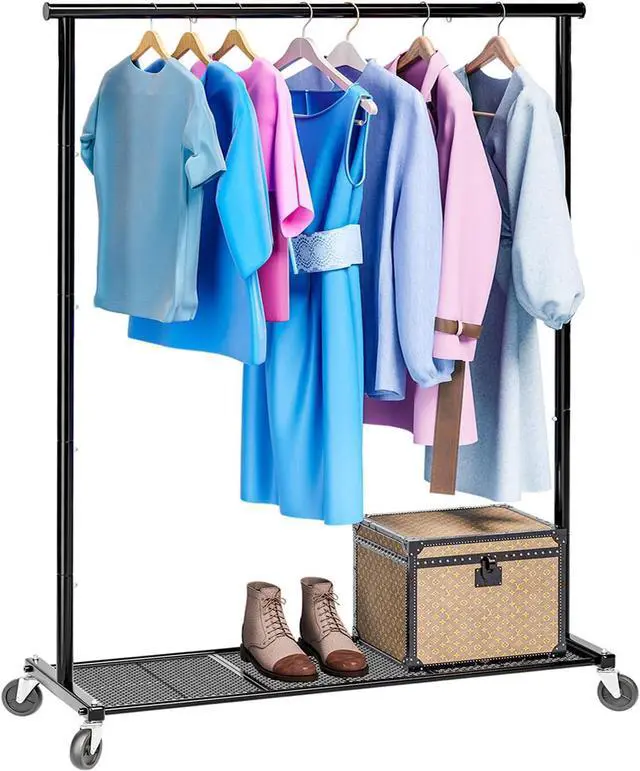 Main image of Clothing Clothes Rack on Wheels, Heavy Duty Portable Wardrobe for Hanging Clothes, Garment Rack with Bottom Mesh Shelf, Black