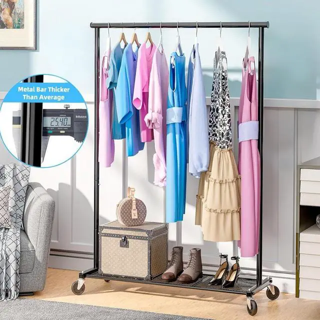 Alt view image 2 of 6 - Clothing Clothes Rack on Wheels, Heavy Duty Portable Wardrobe for Hanging Clothes, Garment Rack with Bottom Mesh Shelf, Black
