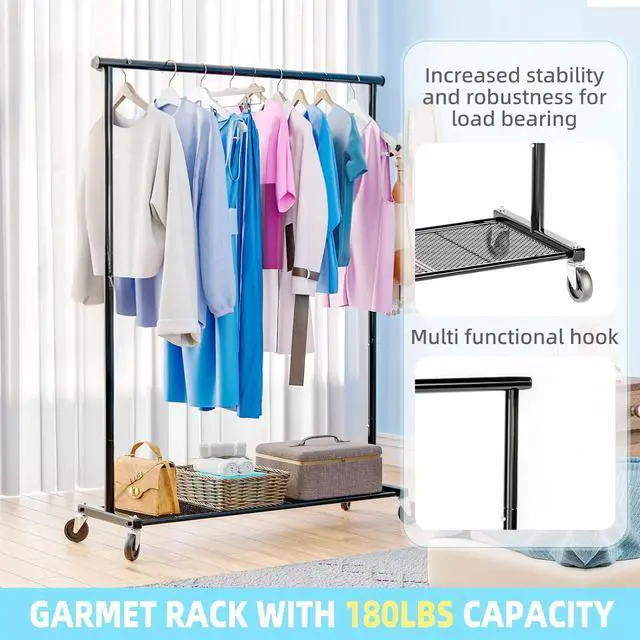 Alt view image 3 of 6 - Clothing Clothes Rack on Wheels, Heavy Duty Portable Wardrobe for Hanging Clothes, Garment Rack with Bottom Mesh Shelf, Black