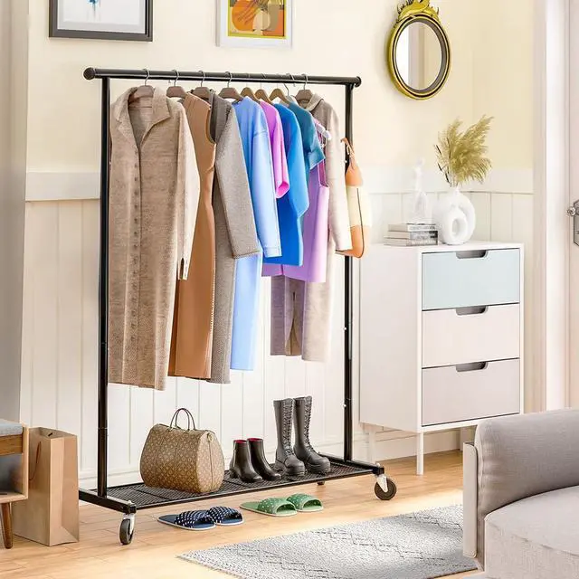 Alt view image 4 of 6 - Clothing Clothes Rack on Wheels, Heavy Duty Portable Wardrobe for Hanging Clothes, Garment Rack with Bottom Mesh Shelf, Black