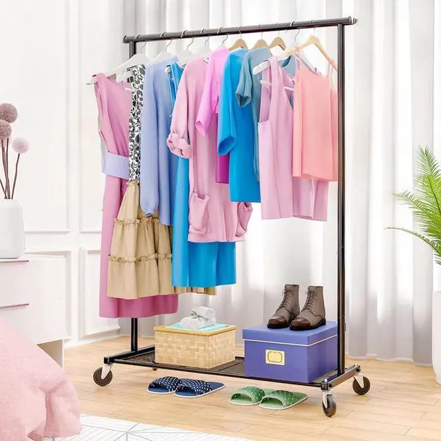 Alt view image 5 of 6 - Clothing Clothes Rack on Wheels, Heavy Duty Portable Wardrobe for Hanging Clothes, Garment Rack with Bottom Mesh Shelf, Black