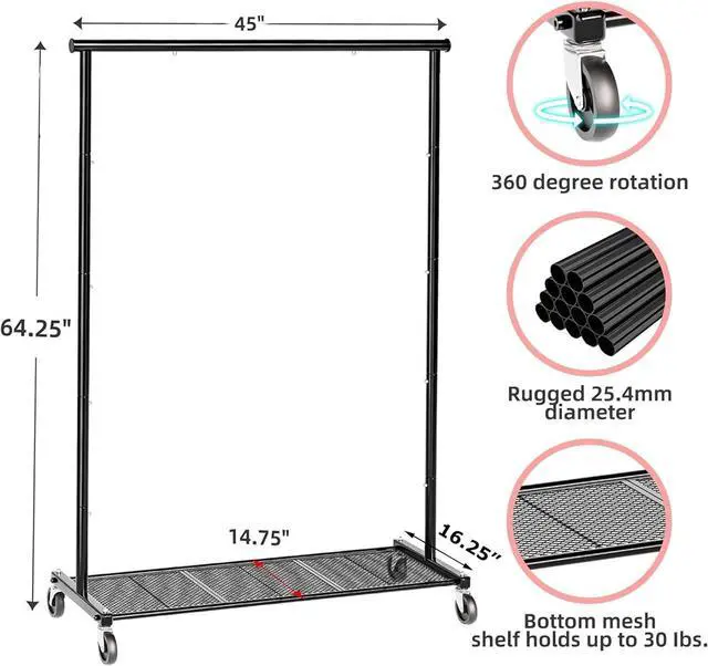 Alt view image 6 of 6 - Clothing Clothes Rack on Wheels, Heavy Duty Portable Wardrobe for Hanging Clothes, Garment Rack with Bottom Mesh Shelf, Black