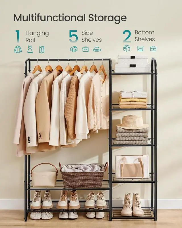 Alt view image 3 of 5 - SONGMICS Wardrobe Closet, 44.1 Inch Large Portable Closet, Clothes Rack for Hanging Clothes,Heavy Duty Garment Rack, Storage Organizer with Shelves, 44.1 x 11.4 x 62.4 Inches, Black ULGR462B01