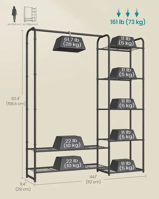 Alt view image 5 of 5 - SONGMICS Wardrobe Closet, 44.1 Inch Large Portable Closet, Clothes Rack for Hanging Clothes,Heavy Duty Garment Rack, Storage Organizer with Shelves, 44.1 x 11.4 x 62.4 Inches, Black ULGR462B01