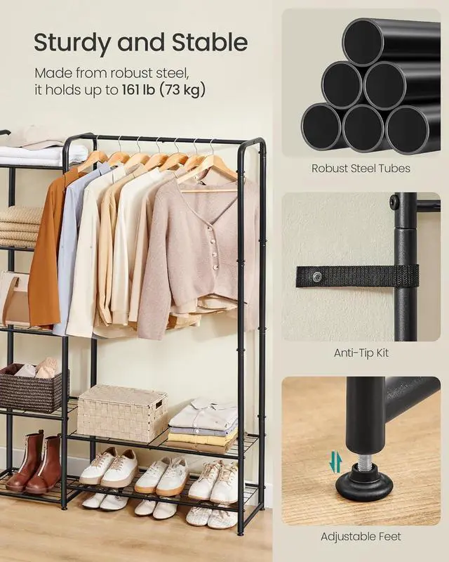 Alt view image 4 of 5 - SONGMICS Wardrobe Closet, 44.1 Inch Large Portable Closet, Clothes Rack for Hanging Clothes,Heavy Duty Garment Rack, Storage Organizer with Shelves, 44.1 x 11.4 x 62.4 Inches, Black ULGR462B01