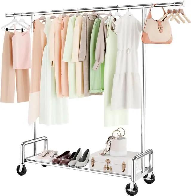 Main image of Simple Trending Heavy Duty Clothing Clothes Rack with Wheels for Hanging, Metal Rolling Garment Rack Organizer Load 500 LBS, Chrome