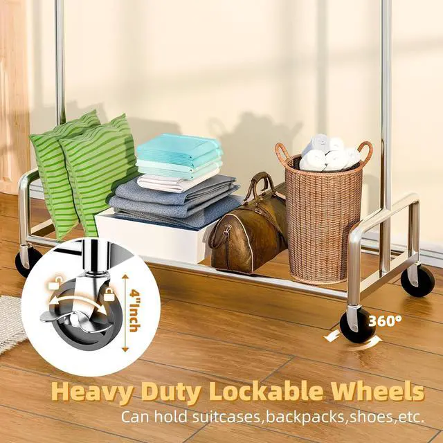 Alt view image 4 of 7 - Simple Trending Heavy Duty Clothing Clothes Rack with Wheels for Hanging, Metal Rolling Garment Rack Organizer Load 500 LBS, Chrome