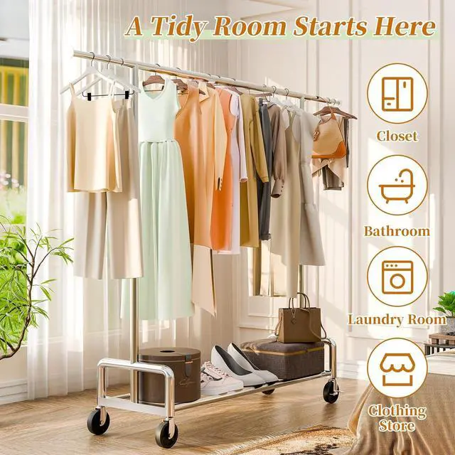 Alt view image 5 of 7 - Simple Trending Heavy Duty Clothing Clothes Rack with Wheels for Hanging, Metal Rolling Garment Rack Organizer Load 500 LBS, Chrome