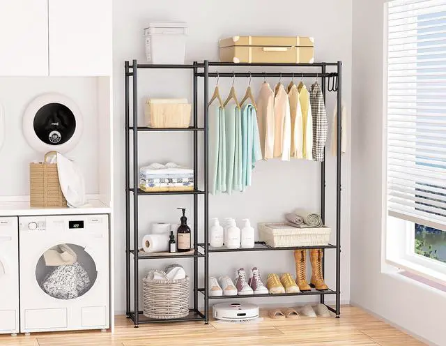 Alt view image 3 of 7 - Wardrobe Closet, Portable Clothing Rack for Hanging Clothes, Free Standing Closet Organizers and Storage System with 4 Tiers Shelves for Cloakroom Bedroom, Black