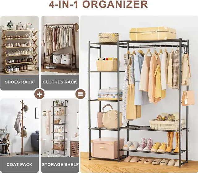 Alt view image 4 of 7 - Wardrobe Closet, Portable Clothing Rack for Hanging Clothes, Free Standing Closet Organizers and Storage System with 4 Tiers Shelves for Cloakroom Bedroom, Black