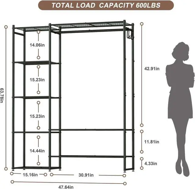 Alt view image 6 of 7 - Wardrobe Closet, Portable Clothing Rack for Hanging Clothes, Free Standing Closet Organizers and Storage System with 4 Tiers Shelves for Cloakroom Bedroom, Black