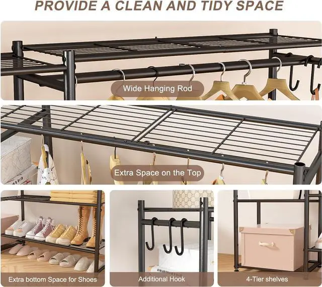 Alt view image 7 of 7 - Wardrobe Closet, Portable Clothing Rack for Hanging Clothes, Free Standing Closet Organizers and Storage System with 4 Tiers Shelves for Cloakroom Bedroom, Black