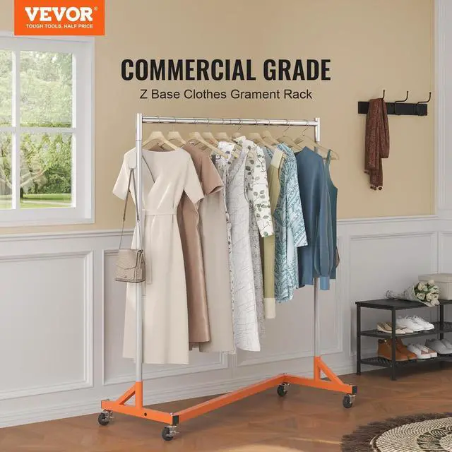 Alt view image 3 of 7 - VEVOR Z Rack, 300 lbs Industrial Grade Z Base Garment Rack, 24" x 63" x 71" Clothes Rack, Sturdy Steel Heavy Duty Clothing Rack w/Lockable Casters for Home Garment Store Orange
