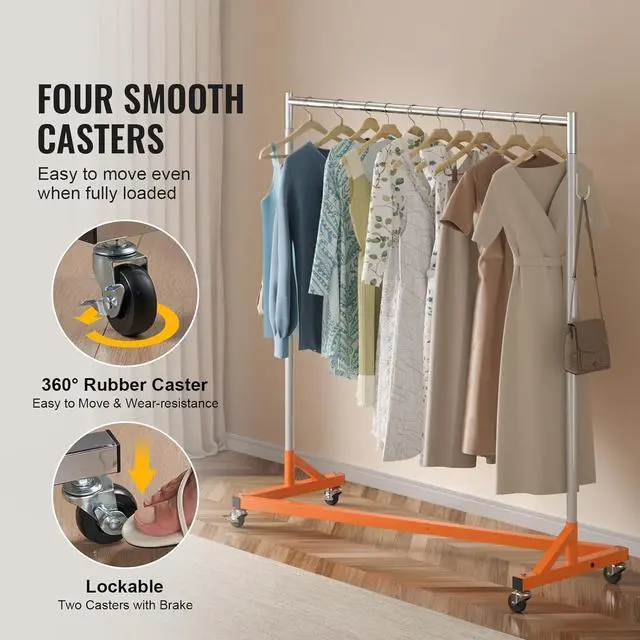 Alt view image 5 of 7 - VEVOR Z Rack, 300 lbs Industrial Grade Z Base Garment Rack, 24" x 63" x 71" Clothes Rack, Sturdy Steel Heavy Duty Clothing Rack w/Lockable Casters for Home Garment Store Orange