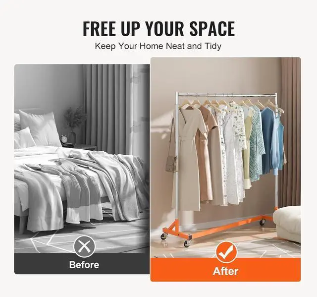 Alt view image 6 of 7 - VEVOR Z Rack, 300 lbs Industrial Grade Z Base Garment Rack, 24" x 63" x 71" Clothes Rack, Sturdy Steel Heavy Duty Clothing Rack w/Lockable Casters for Home Garment Store Orange