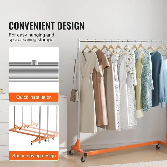 Alt view image 7 of 7 - VEVOR Z Rack, 300 lbs Industrial Grade Z Base Garment Rack, 24" x 63" x 71" Clothes Rack, Sturdy Steel Heavy Duty Clothing Rack w/Lockable Casters for Home Garment Store Orange