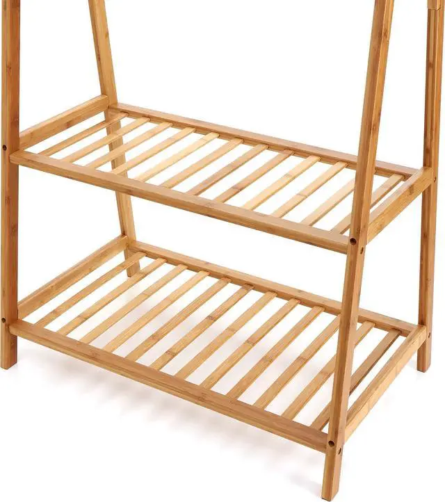 Alt view image 3 of 7 - Finnhomy Bamboo Clothes Rack Portable Extra Large Garment Rack 2-Tire Storage Box Shelves For Entryway and Bed Room Patented Design