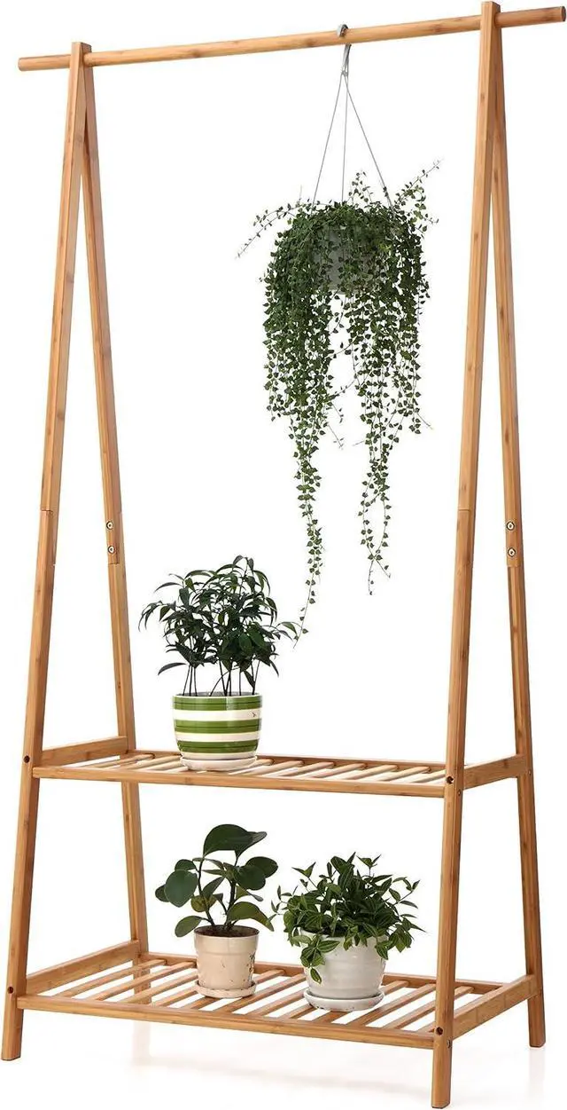 Alt view image 5 of 7 - Finnhomy Bamboo Clothes Rack Portable Extra Large Garment Rack 2-Tire Storage Box Shelves For Entryway and Bed Room Patented Design