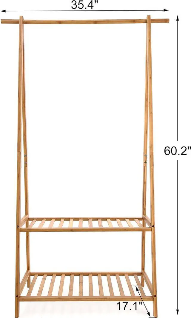 Alt view image 6 of 7 - Finnhomy Bamboo Clothes Rack Portable Extra Large Garment Rack 2-Tire Storage Box Shelves For Entryway and Bed Room Patented Design
