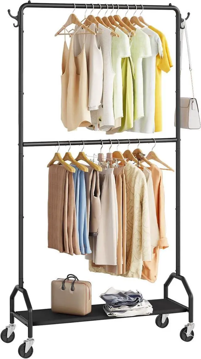 Main image of Clothes Rack Double Hanging Clothes Rack Clothing Rack Garment Rack 130LBS Capacity 34.5" W X15.8 D X 79" H Rolling Clothes Racks with Bottom Shelf