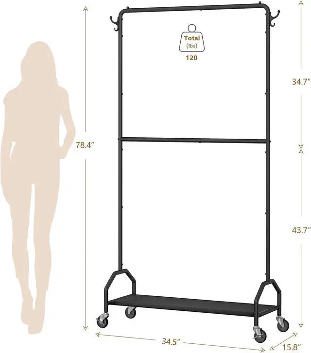 Alt view image 2 of 7 - Clothes Rack Double Hanging Clothes Rack Clothing Rack Garment Rack 130LBS Capacity 34.5" W X15.8 D X 79" H Rolling Clothes Racks with Bottom Shelf