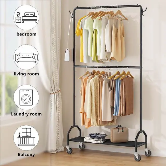 Alt view image 3 of 7 - Clothes Rack Double Hanging Clothes Rack Clothing Rack Garment Rack 130LBS Capacity 34.5" W X15.8 D X 79" H Rolling Clothes Racks with Bottom Shelf