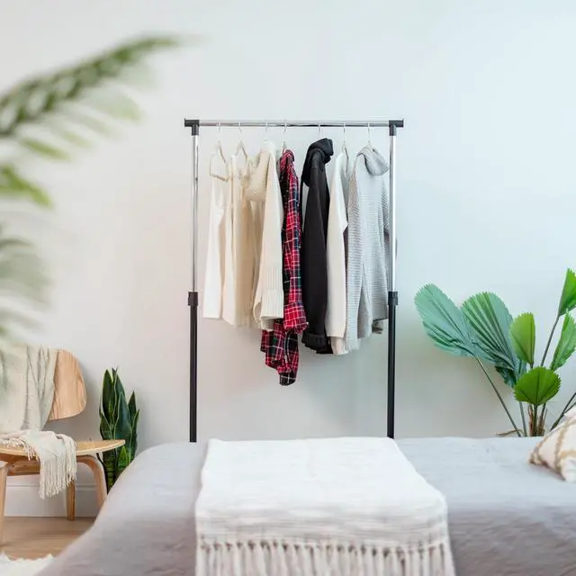 Alt view image 6 of 7 - IRIS USA Clothes Rack, Portable Single-Rod Height Adjustable with Lockable Wheels, Rolling Garment Rack, Single Rod Wardrobe Rack, Easy Assemble, for Clothes, Belts, Shoes, and Bags