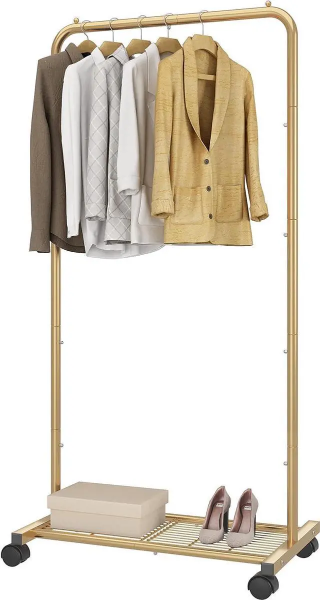 Alt view image 2 of 7 - Simple Trending Standard Clothes Garment Rack, Clothing Rolling Rack with Mesh Storage Shelf on Wheels, Golden Yellow