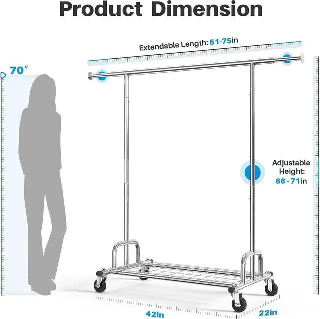 Alt view image 5 of 7 - HOKEEPER Clothing Garment Rack Capacity 525LBS Clothing Racks on Wheels Rolling Clothes Rack for Hanging Clothes Heavy Duty Collapsible Commercial
