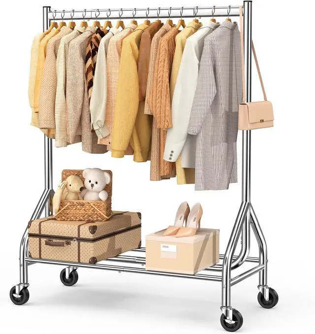Main image of EAGMAK Heavy Duty Clothes Rack Load 420 LBS, Rolling Garment Rack with Lockable Wheels, Standing Metal Clothing Rack with Shelves, Portable Wardrobe Sturdy Coat Rack for Hanging Clothes (Silver)