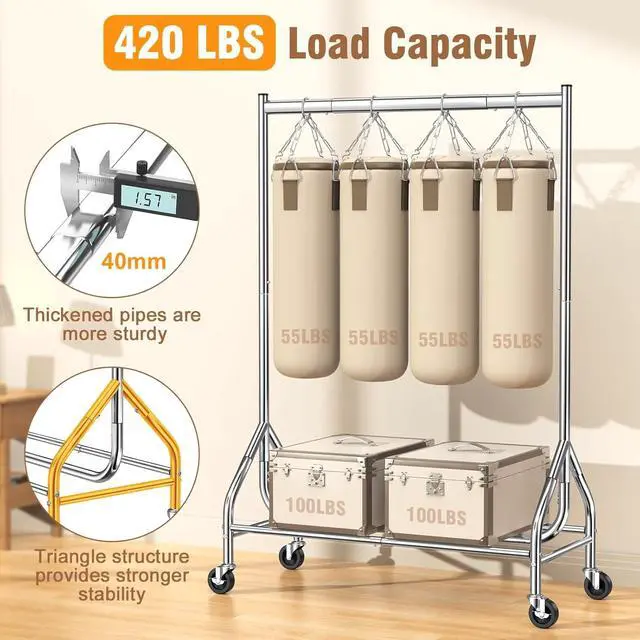 Alt view image 2 of 7 - EAGMAK Heavy Duty Clothes Rack Load 420 LBS, Rolling Garment Rack with Lockable Wheels, Standing Metal Clothing Rack with Shelves, Portable Wardrobe Sturdy Coat Rack for Hanging Clothes (Silver)