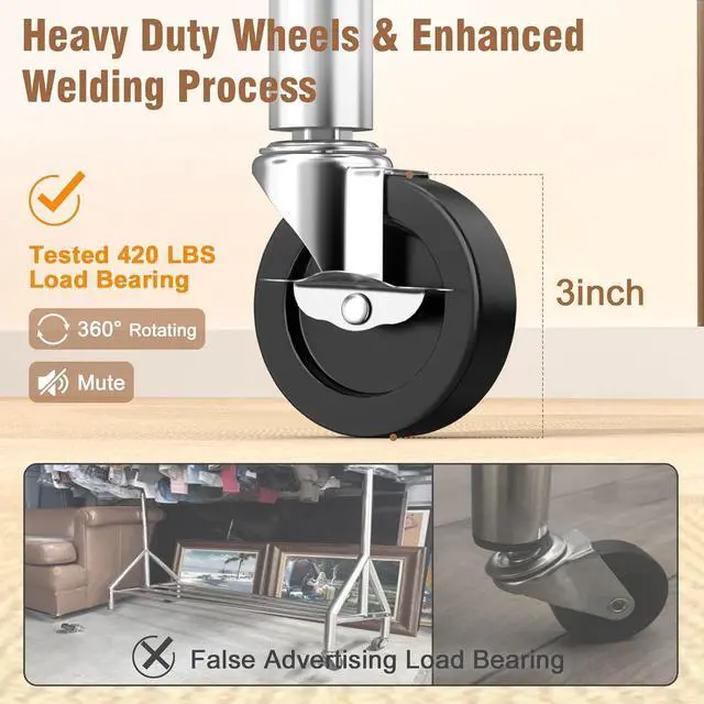 Alt view image 4 of 7 - EAGMAK Heavy Duty Clothes Rack Load 420 LBS, Rolling Garment Rack with Lockable Wheels, Standing Metal Clothing Rack with Shelves, Portable Wardrobe Sturdy Coat Rack for Hanging Clothes (Silver)