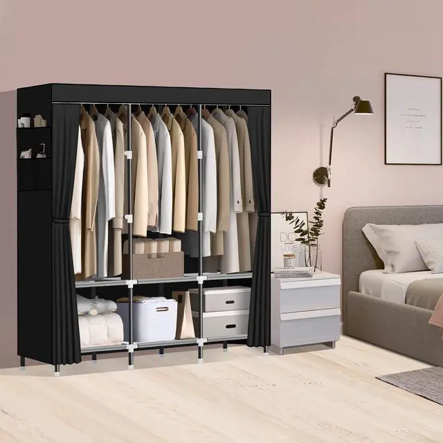 Alt view image 2 of 7 - LOKEME Wardrobe Closet,Portable Closet for Bedroom Steel Pipe Diameter 19mm Strong and Sturdy Black Portable Closets for Hanging Clothes with 3 Hanging rods, 6 Storage Shelves and Side Pockets