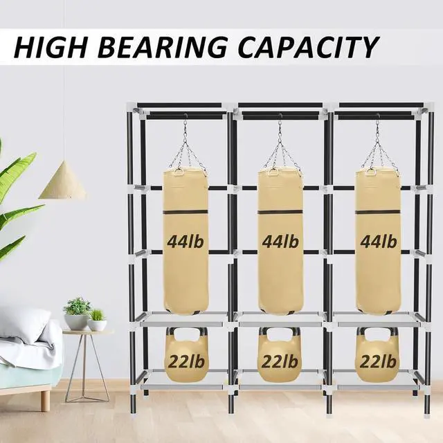 Alt view image 4 of 7 - LOKEME Wardrobe Closet,Portable Closet for Bedroom Steel Pipe Diameter 19mm Strong and Sturdy Black Portable Closets for Hanging Clothes with 3 Hanging rods, 6 Storage Shelves and Side Pockets