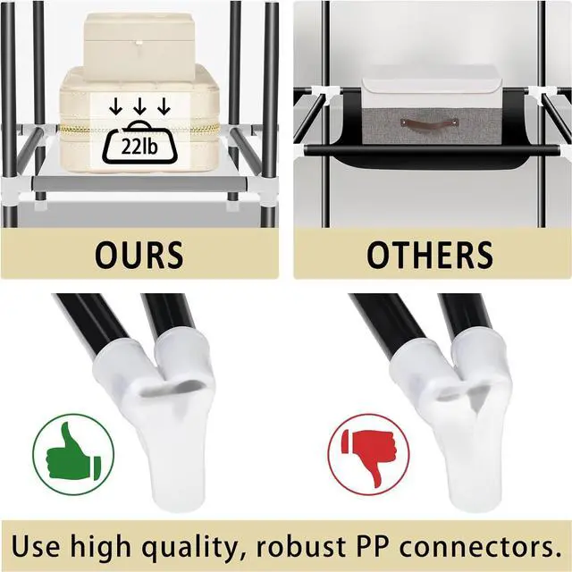 Alt view image 6 of 7 - LOKEME Wardrobe Closet,Portable Closet for Bedroom Steel Pipe Diameter 19mm Strong and Sturdy Black Portable Closets for Hanging Clothes with 3 Hanging rods, 6 Storage Shelves and Side Pockets